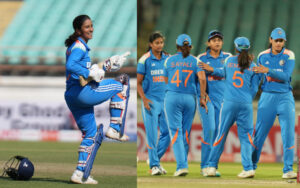 Jemimah Rodrigues after her maiden ODI century and team India during the second ODI vs Ireland in Rajkot