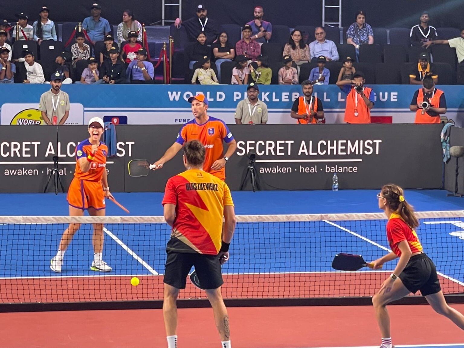 Mumbai Pickle Power Stay Unbeaten, Edge Past Chennai Super Champs in World Pickleball League Mumbai Power Pickle celebrating a point against Chennai Super Champs in the World Pickleball League