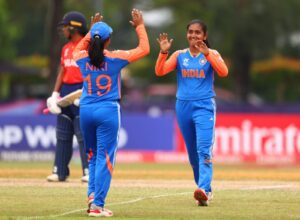 Parunika Sisodia in action during the India vs England, Women's U19 T20 World Cup Semi Final