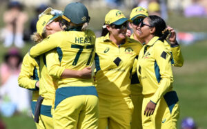 Team Australia in all smiles after a wicket of England in the third ODI