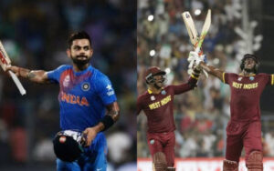 Virat Kohli for team India and Carlos Braithwaite for West Indies at the Eden Gardens