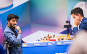 D Gukesh and Nodirbek Abdusattorov at the Tata Steel Chess