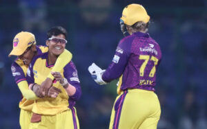 Deepti Sharma celebrating her four wicket-haul in the WPL 2024 against DC