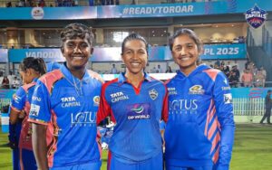 G Kamalini with Niki Prasad and Parunika Sisodia in the WPL 2025