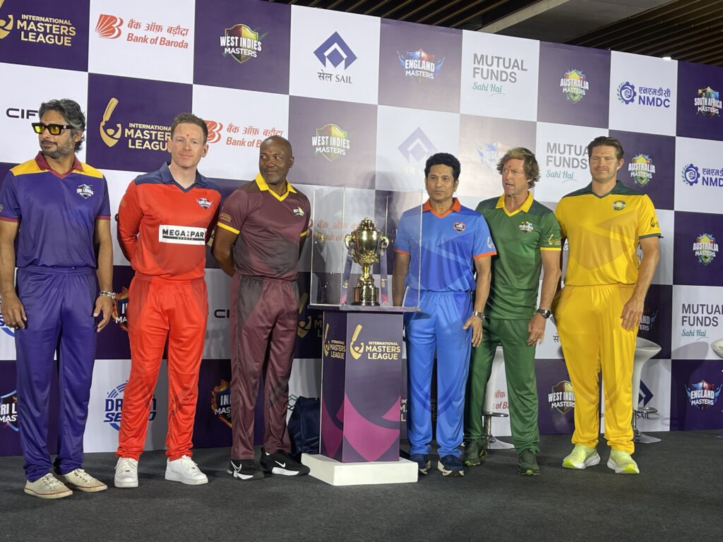 From left: Kumar Sangakkara, Eoin Morgan, Brian Lara, Sachin Tendulkar, Jonty Rhodes, and Shane Watson at the launch of International Masters League