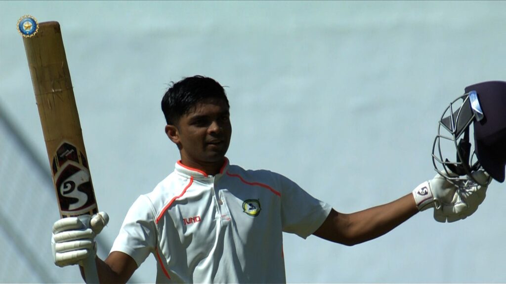 Danish Malewar celebrating his century against Kerala in Ranji Final