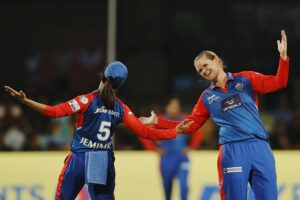 DC’s Jemimah and Jonassen enjoying the game against MI