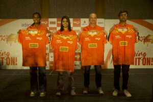 L - R Shabnam Shakil, Harleen Deol, Michael Klinger, Sanjay Adesara at Gujarat Giants Jersey Launch for WPL S3