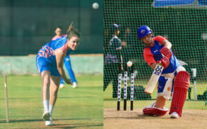 Nat Sciver-Brunt for MI and Marizanne Kapp for DC during the WPL 2025