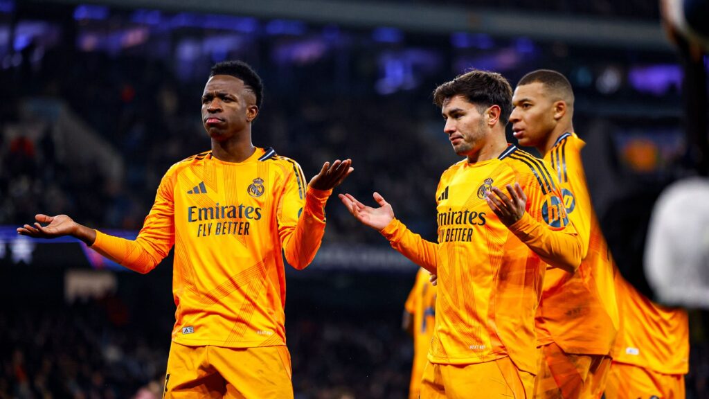 Real Madrid celebrates their equalizer against Manchester City in the UEFA Champions League playoffs