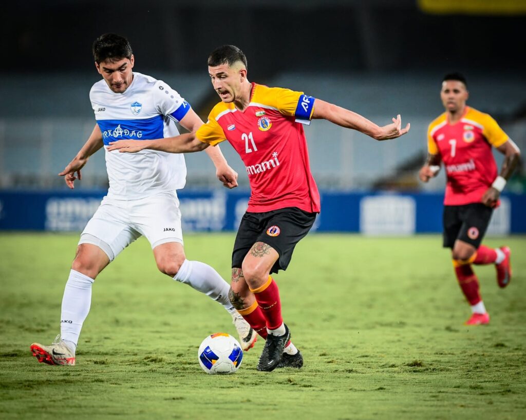 A moment from AFC challenge League Qtr final clash between East Bengal and FK Arkadag