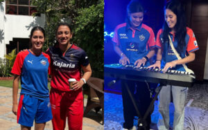 Ahilya Chandel with RCB skipper, Smriti Mandhana and with her DC teammate in the WPL 2025