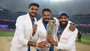 Axar Patel, Hardik Pandya, and Ravindra Jadeja with the Champions Trophy