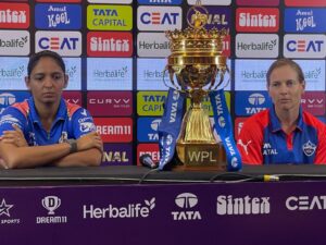 Harmanpreet Kaur, MI skipper and Meg Lanning, DC skipper ahead of the WPL 2025 final at the press conference