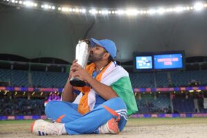 Rohit Sharma with the Champions Trophy in Dubai