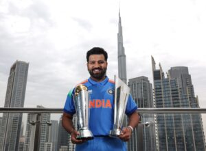 Rohit Sharma with the T20 World Cup and Champions Trophy in Dubai