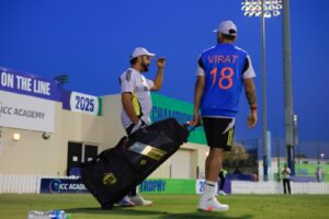 Virat Kohli with Rohit Sharma ahead of the New Zealand clash in the Champions Trophy 2025