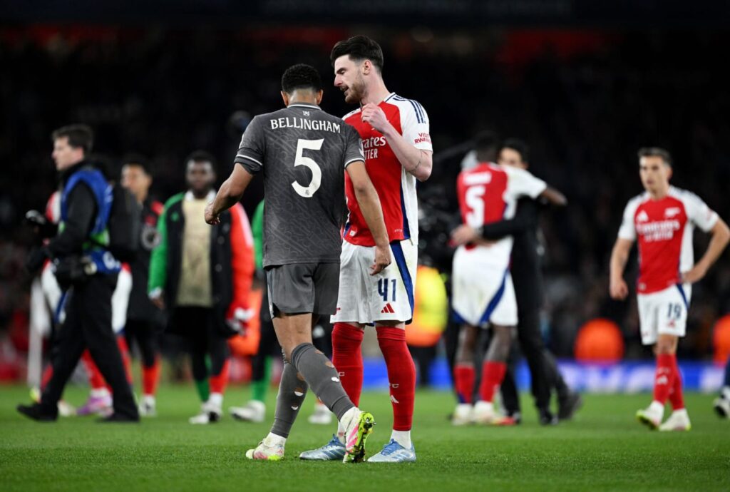 “One place where crazy things happen is our house”: Real Madrid’s Jude Bellingham warns Arsenal that Champions League quarter final is far from over Jude Bellingham and Declan Rice in the UCL