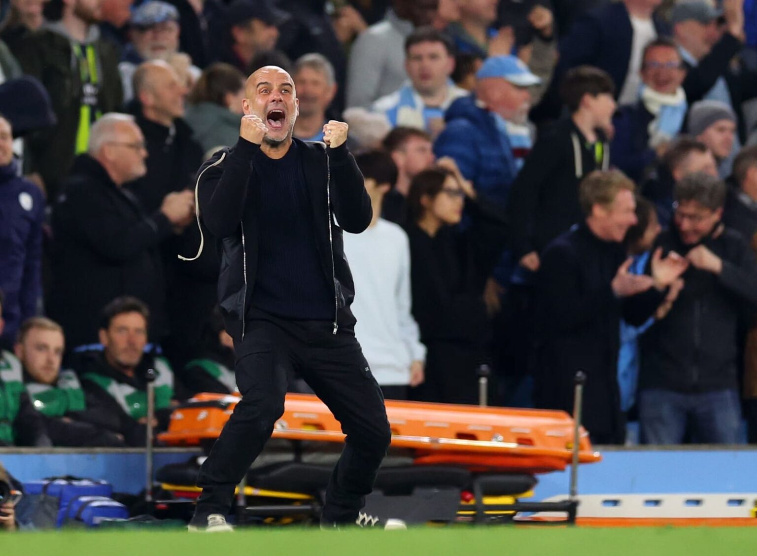 Pep Guardiola indulges in frenzied celebrations as Manchester City score last-gasp winner against Aston Villa to edge closer to Champions League qualification Pep Guardiola indulges in frenzied celebrations