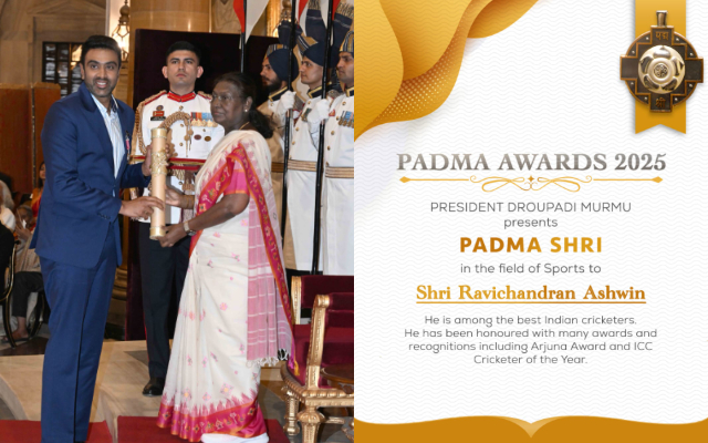 Ravichandran Ashwin Honoured with Padma Shri by President Droupadi Murmu for Outstanding Cricket Career Ravichandran Ashwin Honoured with Padma Shri