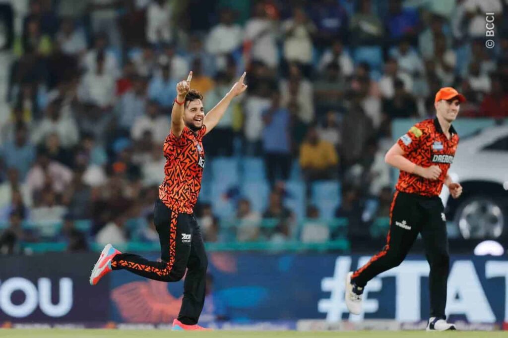 Harsh Dubey celebrates Mitchell Marsh's wicket