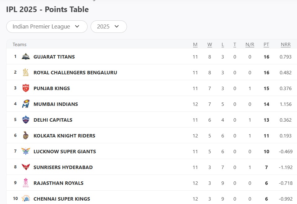 IPL 2025 Updated Points Table