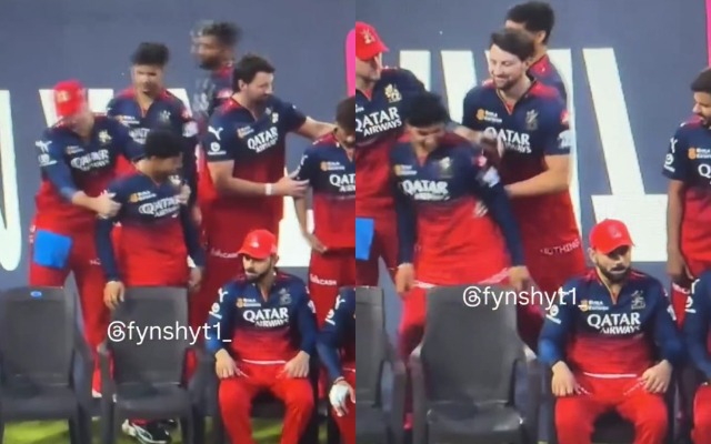 RCB Await Final Opponent as Hilarious Swastik Chikara–Kohli Moment Goes Viral Swastik Chikara funny moment during photo session