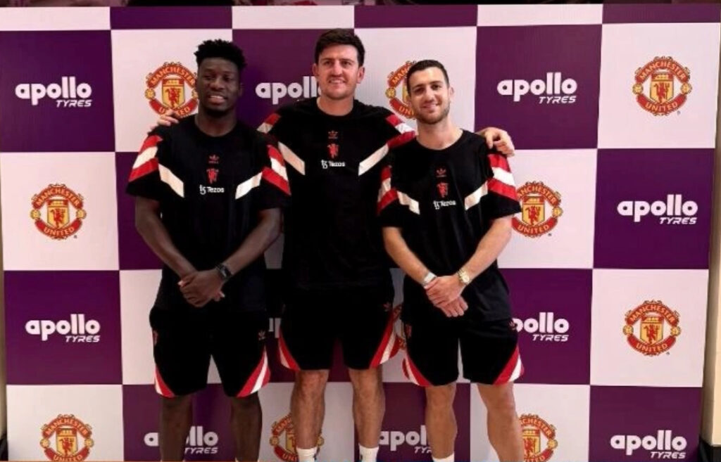 From Left to Right: Andre Onana, Harry Maguire, Diego Dalot at the Apollo Tyres ‘United We Play’ program in Mumbai
