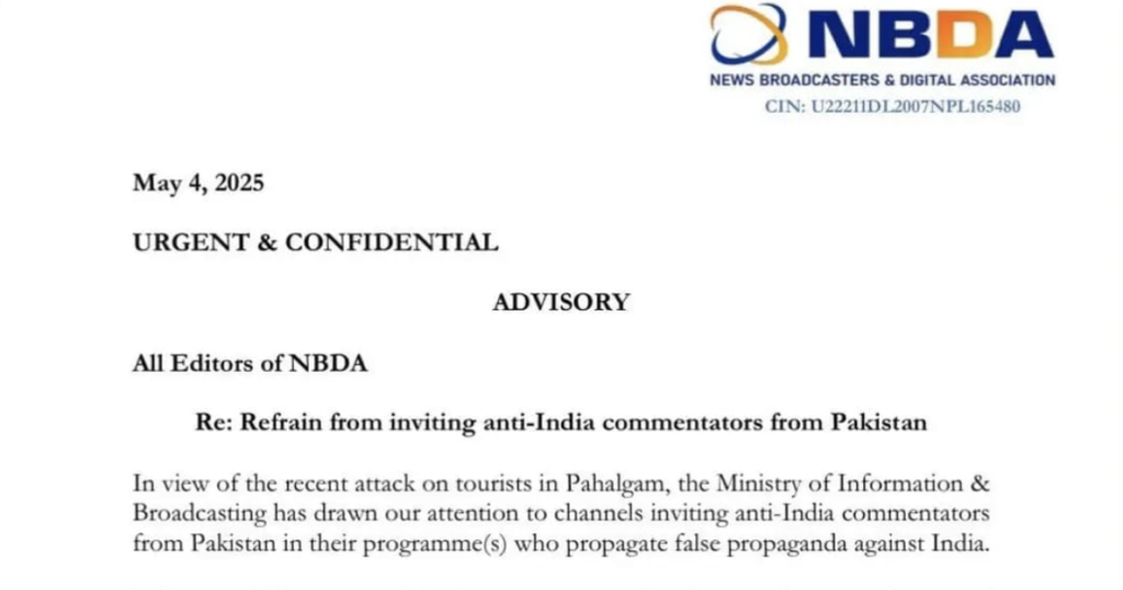 Breaking: Govt Issues Advisory Against Inviting Anti-India Commentators from Pakistan