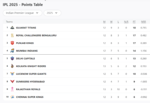 IPL 2025 Updated Points Table