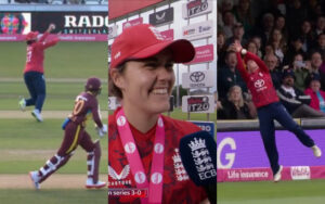 Sophia Dunkley and Danni Wyatt-Hodge with their fielding efforts as England Captain, Nat Sciver-Brunt speaks after 3-0 win
