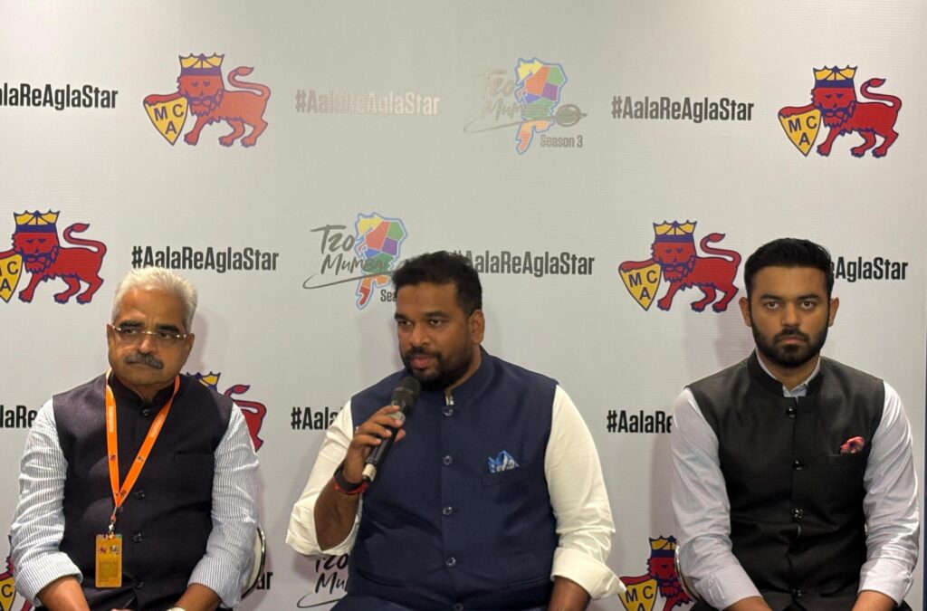 MCA President Ajinkya Naik (C) and Secretary Abhay Hadap along with Vihang Sarnaik, Chairman of T20 Mumbai League Governing Council address the media