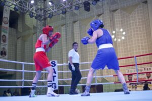 World Champion Neetu in action at the Elite Women’s Boxing Tournament at Hyderabad’s Saroornagar Indoor Stadium.