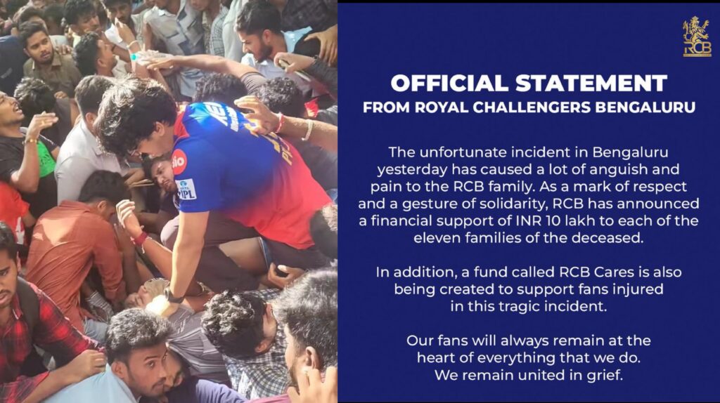 RCB Parade Turns Tragic: 11 Dead in Stampede, RCB Franchise Announces Aid Fund for Victims RCB Franchise Announces Aid Fund for Victims