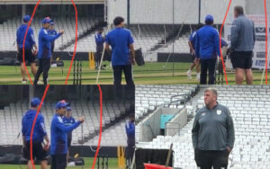 A moment from the argument - Gautam Gambhir pointing a finger at Head grounds man Lee Fortis for something he said to the home team