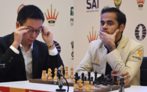 Wei Yi of China and India's Arjun Erigaisi during the quarterfinals of the FIDE World Cup in Goa on Wednesday