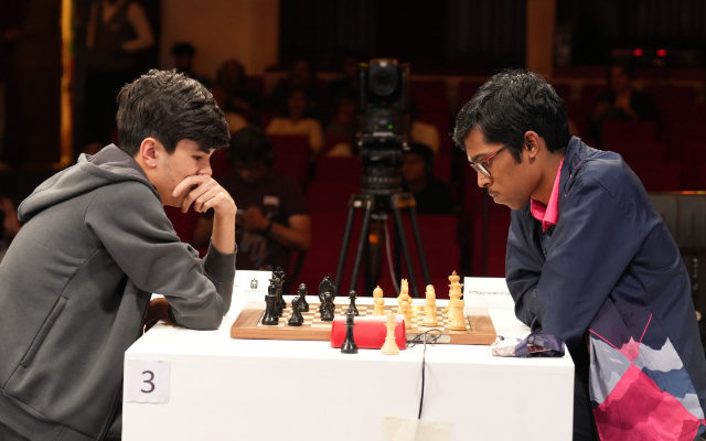 R Praggnanandhaa (right) during his game against World Cup winner Javokhir Sindarov at the Global Chess League in Mumbai. The Indian lost this game